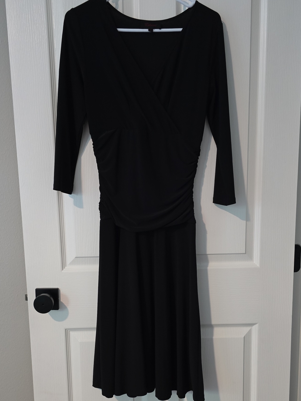 Black Long-Sleeve Ruched Wrap Midi Dress - Size 6